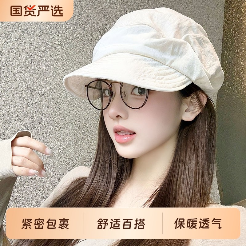 日系轻薄透气八角帽子女夏季复古褶皱显脸小贝雷帽出游遮阳报童帽