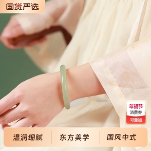 中式透冰种阿富汗玉手镯女国风圆条玉镯女款叮当美人镯送女友礼物