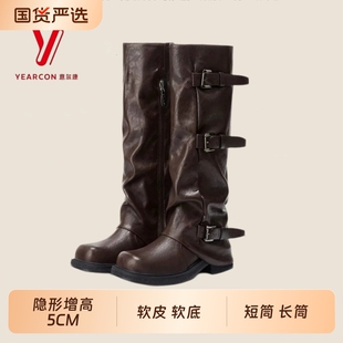 YEARCON/意尔康长筒骑士靴女秋美拉德褶皱裤管靴堆堆靴皮带扣长靴