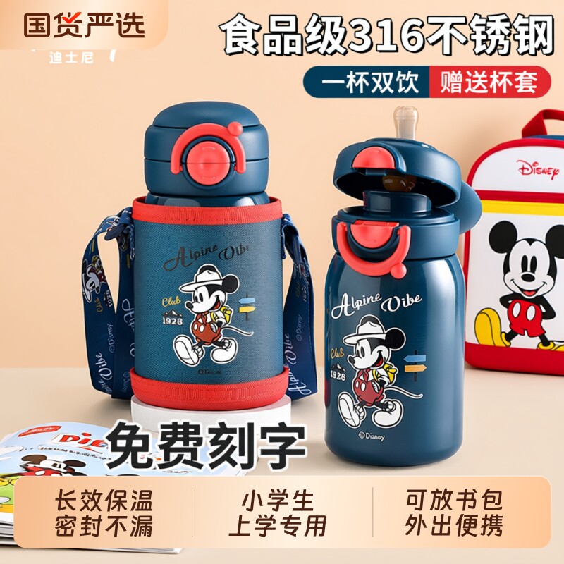 迪士尼儿童保温杯男孩吸管水杯幼儿园小学生上学专用直饮水壶316