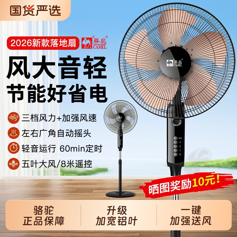 骆驼电风扇落地扇家用大风力超静音遥控摇头宿舍省电小型电扇新款