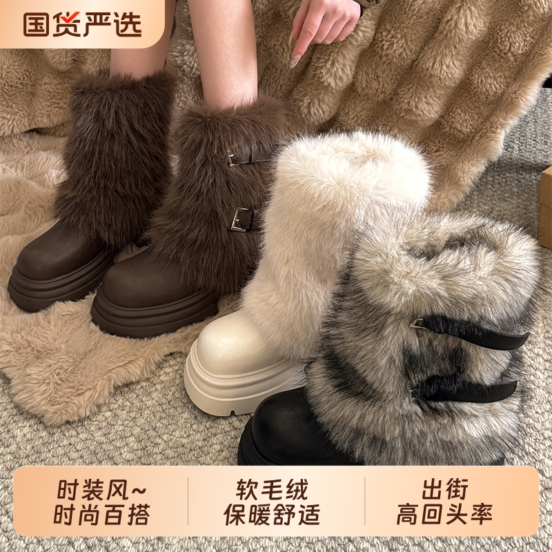时尚雪地靴女款2025新款秋冬季加绒短筒靴毛茸茸增高棉靴白色防水