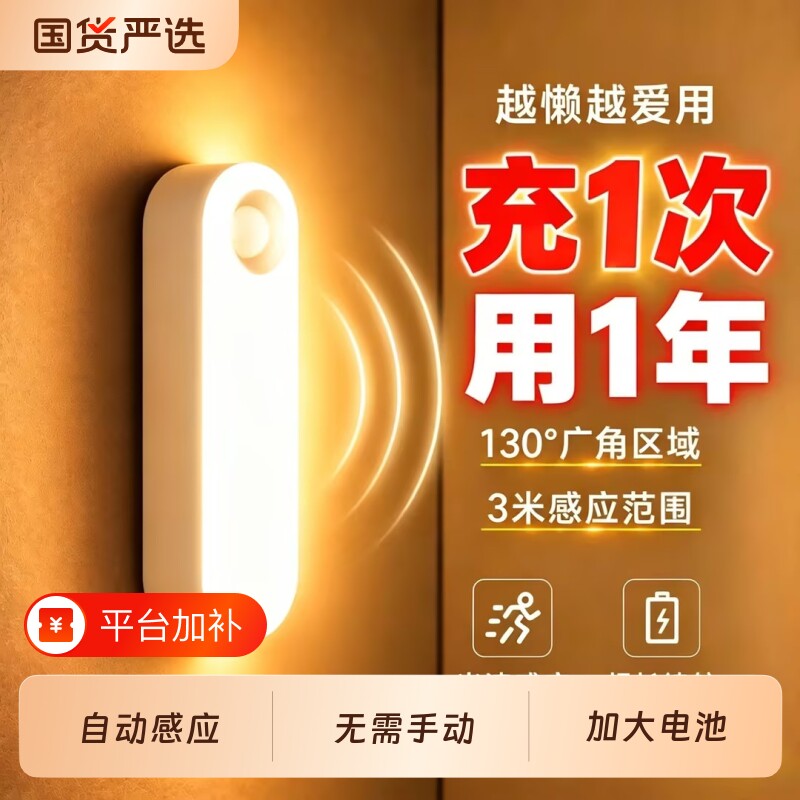 夜间自动人体感应灯人来即亮人走即灭声控楼道智能充电磁吸入户门