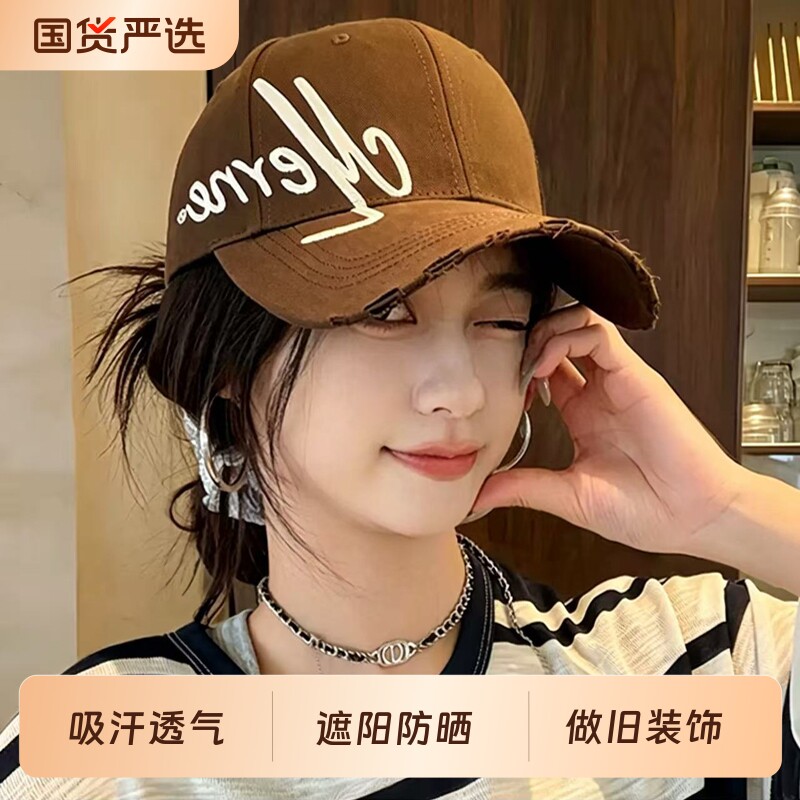 帽子可扎高马尾棒球帽女夏季半空顶鸭舌显脸小遮阳宽檐大头围红色