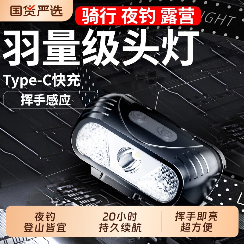 江尛鱼头灯强光充电超亮感应头戴式照明超长续航户外钓鱼小手电筒