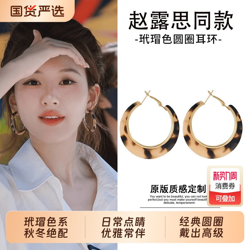 赵露思同款S925纯银针玳瑁圆圈耳环耳圈女秋冬爆款轻奢高级感耳饰
