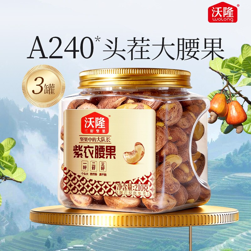 沃隆紫衣腰果210g*2罐腰果紫皮健康小罐装坚果零食原味果仁小包