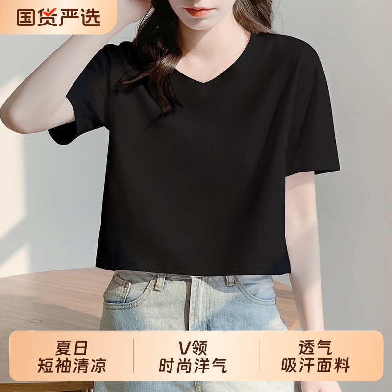 短款宽松t恤女体恤短袖夏季高腰上衣洋气2026新款小个子黑色薄款图片