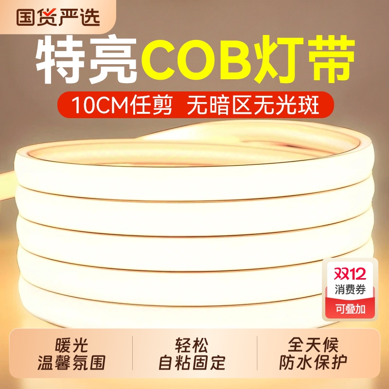 鼎雁led灯带220v户外防水超亮自粘线形灯家用客厅吊顶灯cob软灯条
