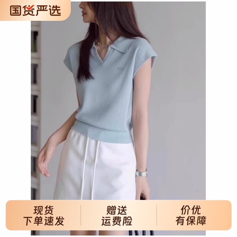 蓝色正肩polo衫女冰丝针织短袖恤夏季小飞袖显瘦短款翻领纯色上衣图片