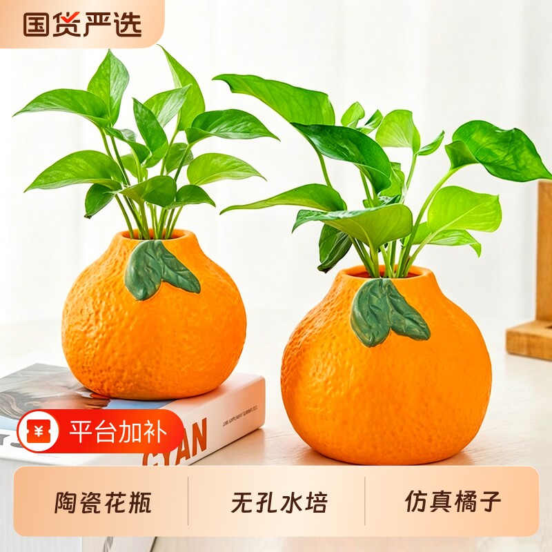 陶瓷仿真橘子花瓶养水绿箩水培花盆家具桌摆装饰摆件高颜值田园风