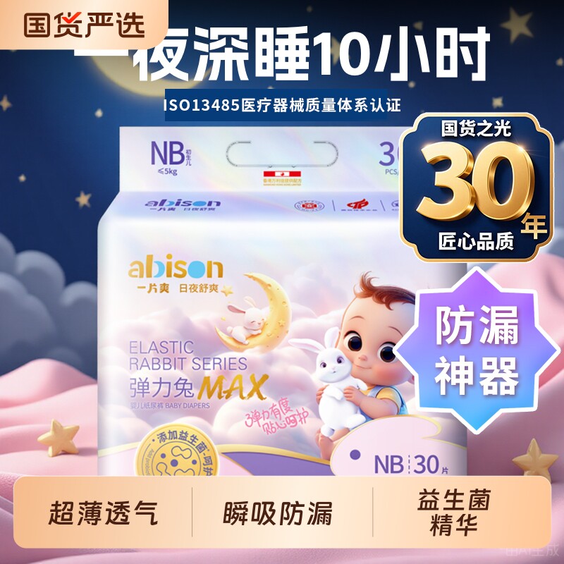 【超柔夜用】一片爽弹力兔MAX新生儿尿不湿NB夏透气纸尿裤拉拉裤