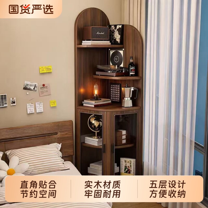 复古风拱形转角柜卧室床头墙角书柜复古玻璃门多层角落收纳展示柜