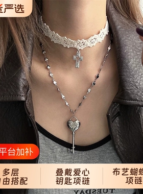 甜酷白色蕾丝十字架绑带choker叠戴爱心钥匙项链女小众颈链毛衣链