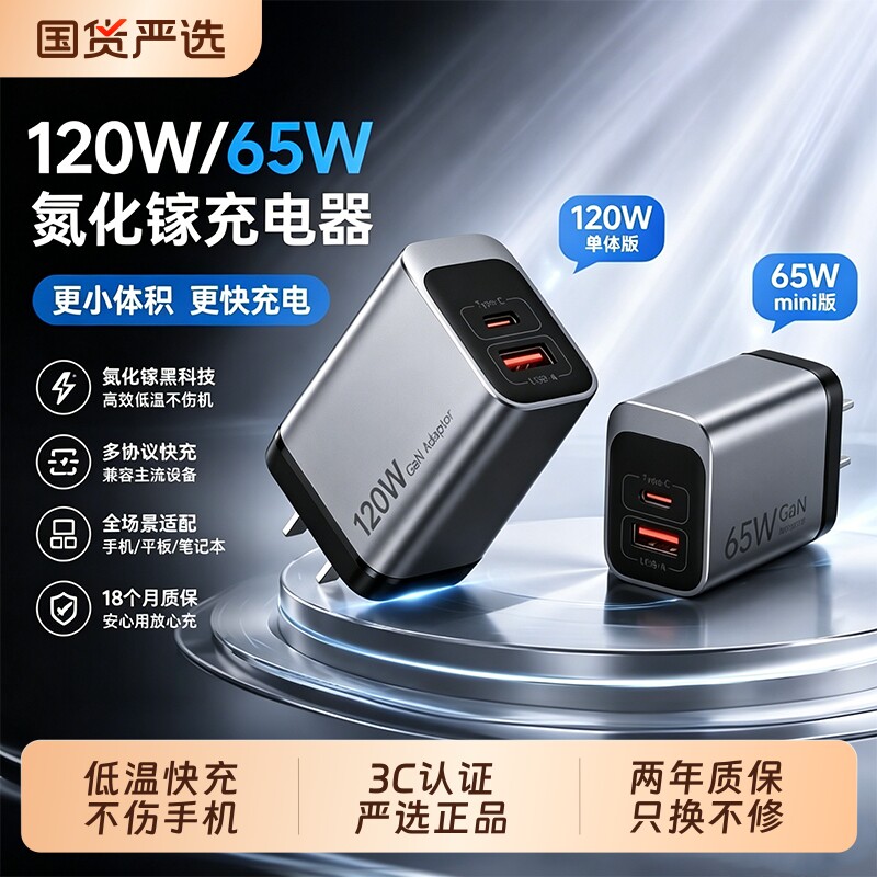 氮化镓65W充电器双口120W双口适用华为小米vivo荣耀苹果iqoo安卓usb接口办公多功能通用笔记本快充
