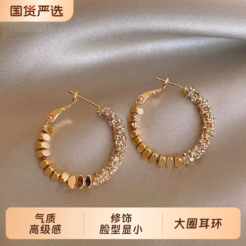 金色碎银子大圈圈耳环女轻奢高级感耳钉独特2025新款爆款素圈耳饰