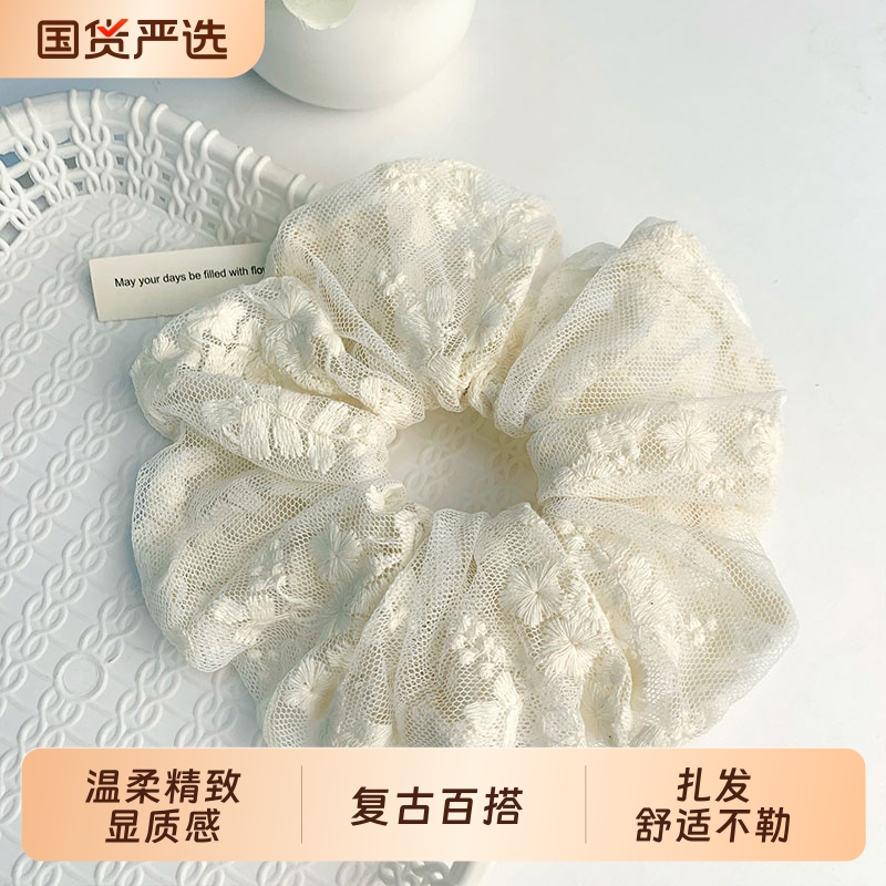 温柔白月光米色蕾丝刺绣花朵发圈 手工钉珠马尾头花发绳大肠圈女