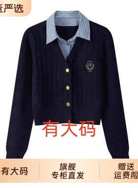 学院风polo领假两件针织毛衣女2025秋冬新款英伦大码内搭上衣