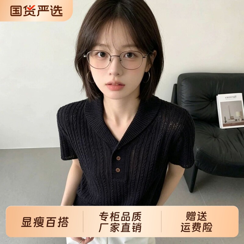 正肩麻花翻领针织短袖t恤女图片