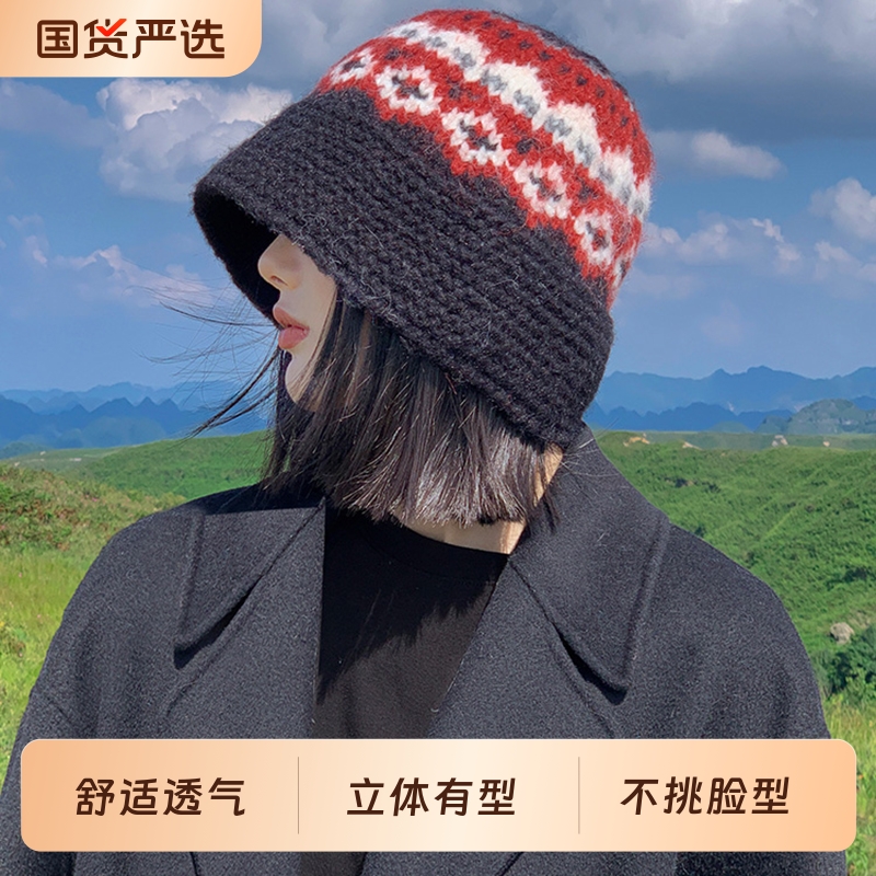 氛围感新年混纺渔夫帽子女秋冬复古保暖护耳针织毛线帽韩版文艺