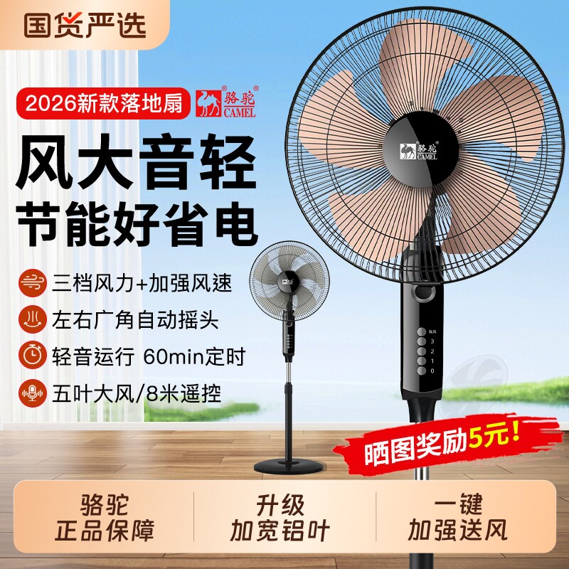 骆驼电风扇落地扇家用大风力超静音遥控摇头宿舍省电小型电扇新款