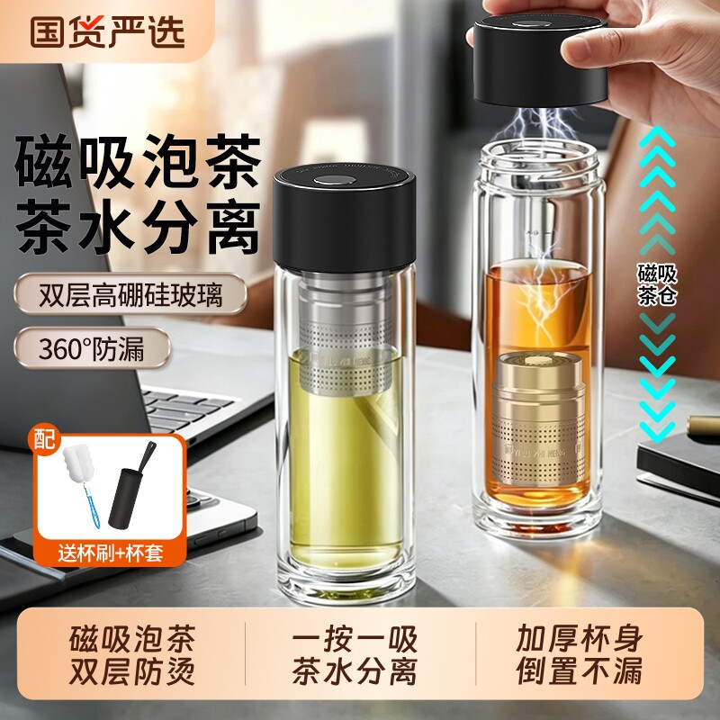 玻璃杯双层磁吸泡茶水杯男车载茶水分离耐高温大容量办公杯子2026