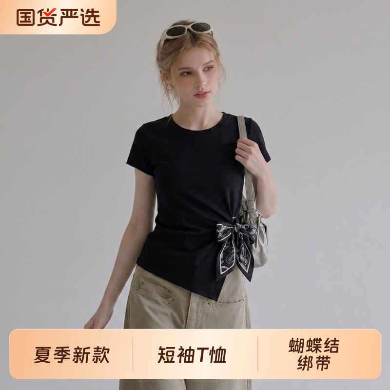 浪莎短袖T恤女夏季不规则蝴蝶结丝巾绑带显瘦收腰设计感上衣新款图片