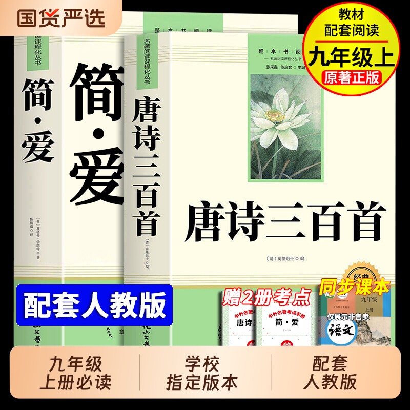 唐诗三百首和简爱九年级上册必读正版的课外书初三课外阅读书籍人教版9九上名著书目艾青诗选原著300首初中生水浒传考点完整版儒林