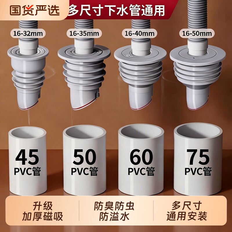 下水管防返臭神器洗衣机排水密封塞圈墙排防臭塞5075厨房浴室水槽