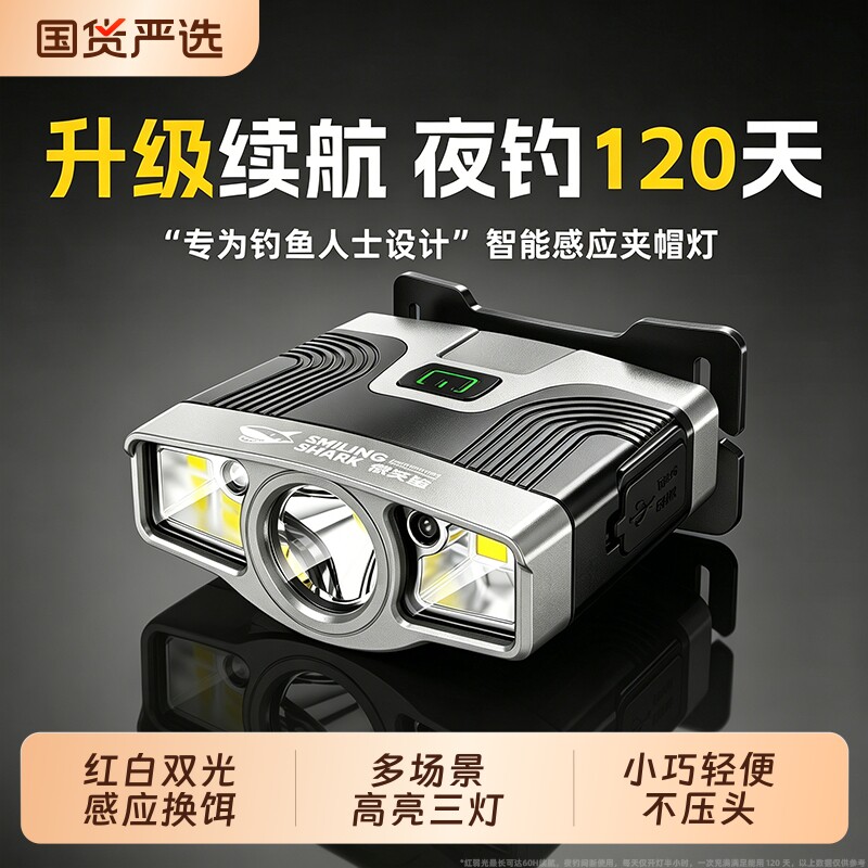 微笑鲨夜钓头灯头戴式强光超亮超长续航感应钓鱼专用帽夹灯充电