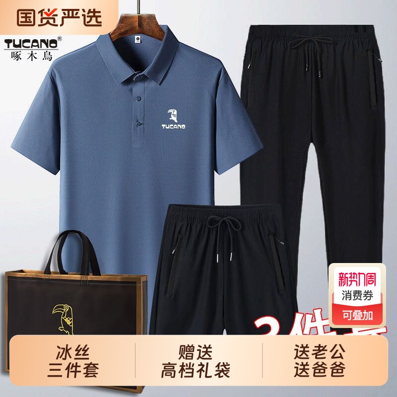 啄木鸟夏季冰丝短袖T恤男士polo衫宽松速干中老年爸爸装运动套装
