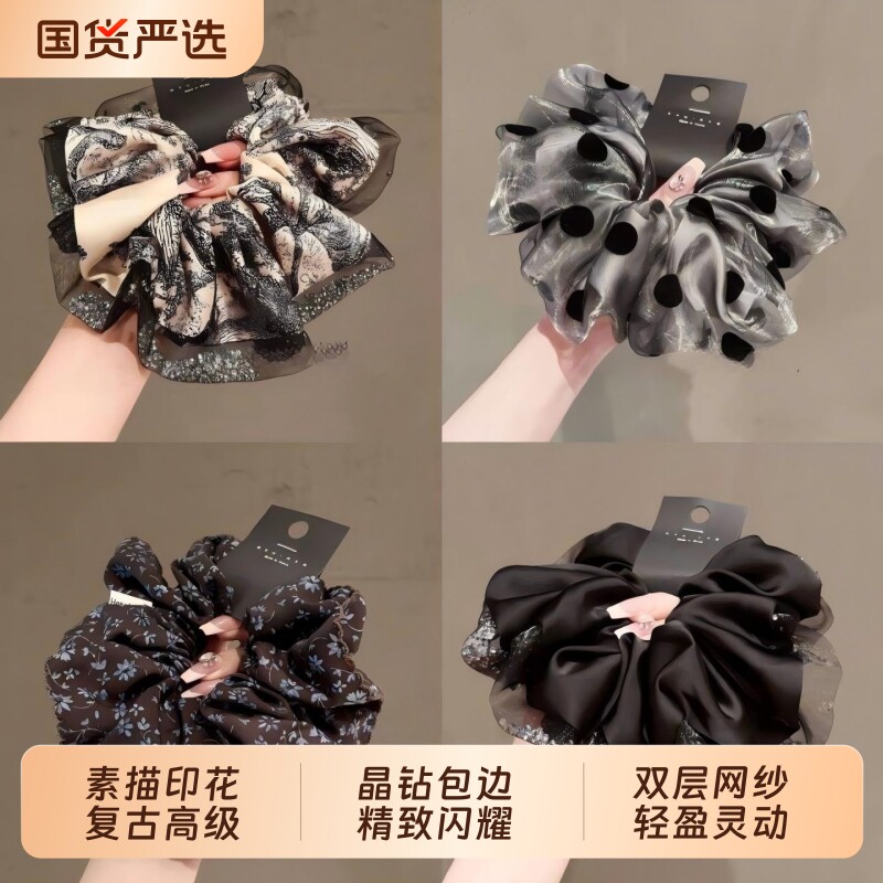 法式大肠高级黑色发圈头花新款发饰头绳发绳波点双层韩系花朵灰色