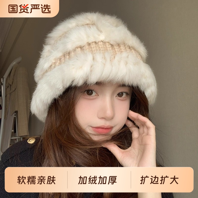 真兔毛针织帽子女秋冬新款大头围护耳毛线帽宽松加厚保暖渔夫盆帽