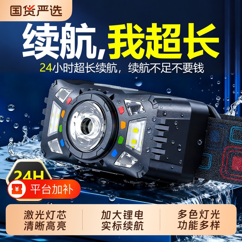 微笑鲨头灯钓鱼专用感应夜钓新款强光超亮长续航头戴式照明锂电池