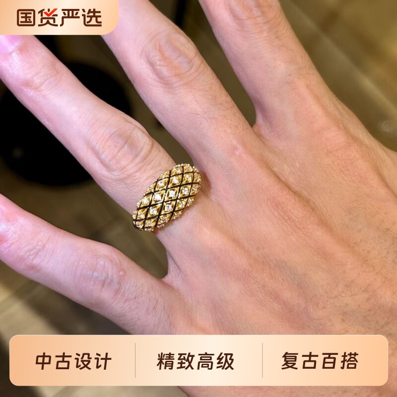 vintage中古黑金点钻菱格宽面戒指时尚轻奢精致高级百搭食指戒