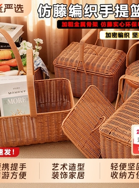 仿藤塑料编织提手方形野餐篮PP仿藤篮购物篮菜篮果篮子果蔬篮零食