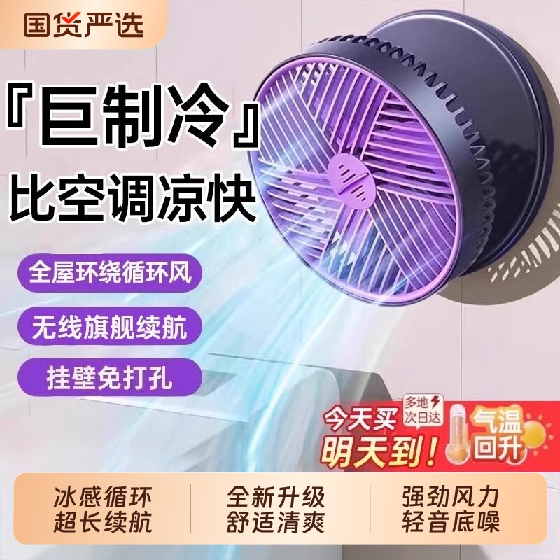 厨房专用电风扇免打孔壁挂式小风扇制冷挂墙上厕所卫生间家用usb充电空调冷风摇头挂扇静音新款ID挂壁大风力