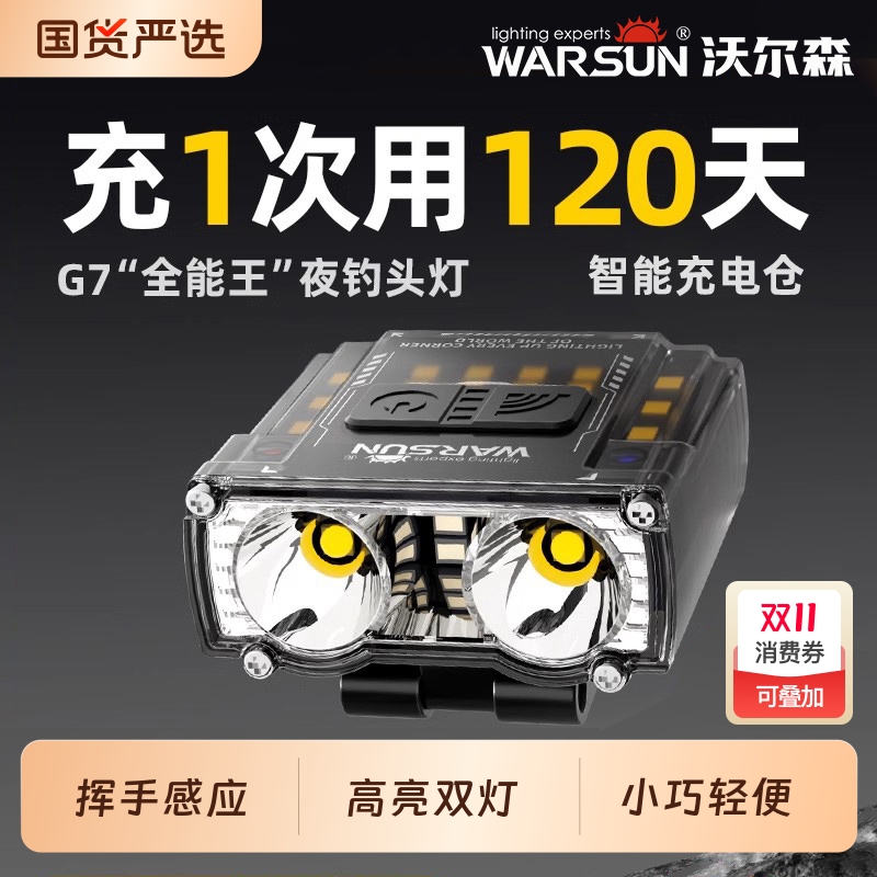 沃尔森头灯夜钓钓鱼专用G7猫头鹰强光超亮充电超长续航感应帽夹灯