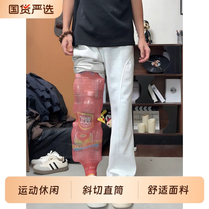 浅灰色微喇弯刀卫裤男款夏季美式复古斜切直筒裤子显瘦运动休闲裤图片