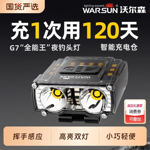 沃尔森夜钓头灯钓鱼专用猫头鹰G7强光超亮充电超长续航感应帽夹灯