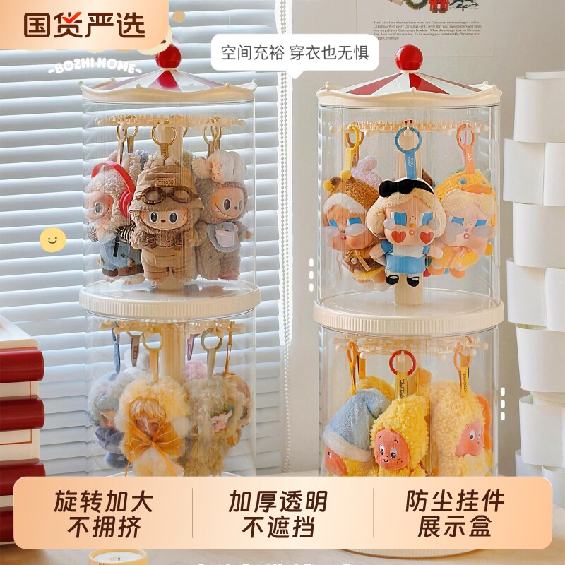 拉布布收纳盒搪胶娃娃展示盒旋转labubu挂件透明玩偶展示架展示