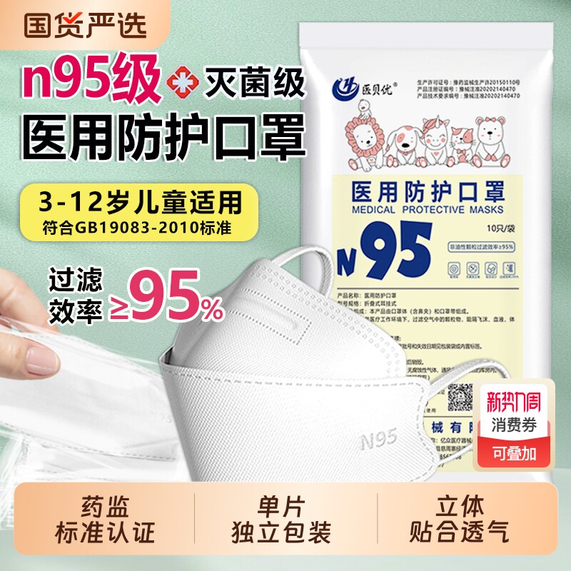 儿童n95级医用防护口罩幼儿专用4到15岁一次性医疗立体灭菌级粉