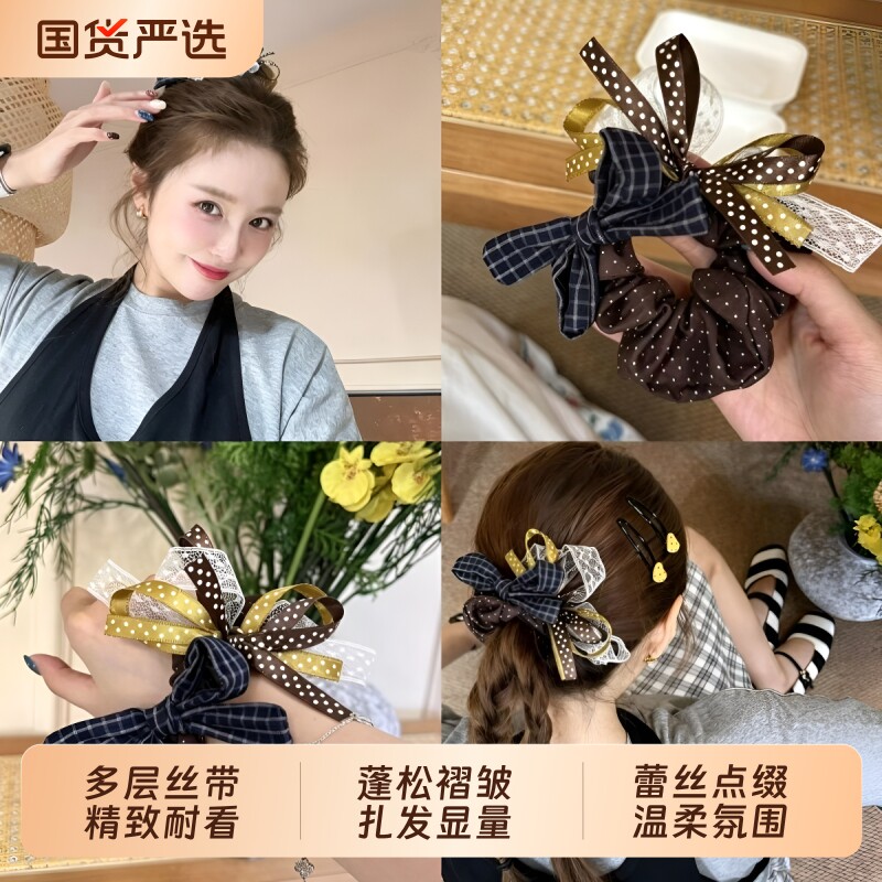 款式好看双层蝴蝶结发圈波点格子小众少女马尾头花肠圈韩系蕾丝图片