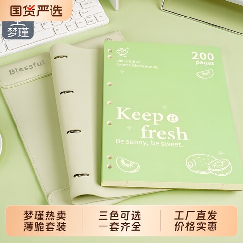 梦瑾笔记本子高颜值4件套A4美式薄脆本软皮活页外壳可拆卸夹子磁吸板夹单盖刷题森系逻辑可撕横线实用装订