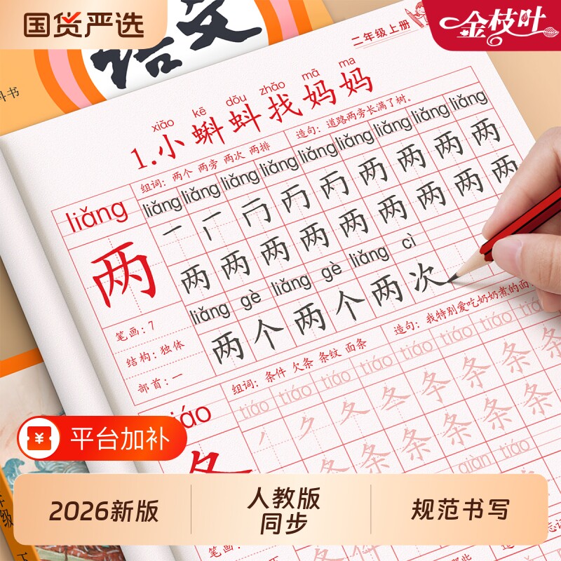 二年级上册练字帖语文同步字帖人教版小学生专用每日一练拼音生字描红本写字课课练2年级期硬笔书法暑假练字本笔画笔顺练习新版