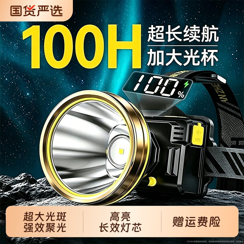 微笑鲨头戴式强光头灯充电长续航照明灯超亮手电筒户外钓鱼维修