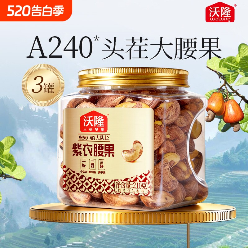 沃隆紫衣腰果210g*2罐腰果紫皮健康小罐装坚果零食原味果仁小包