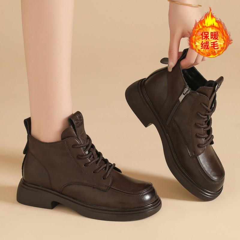 舒适厚底坡跟马丁靴2025新款冬季英伦风同款短靴系带皮鞋加厚加棉