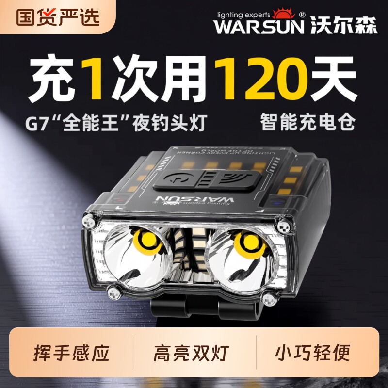 沃尔森夜钓头灯猫头鹰钓鱼专用G7强光超亮充电超长续航感应帽夹灯