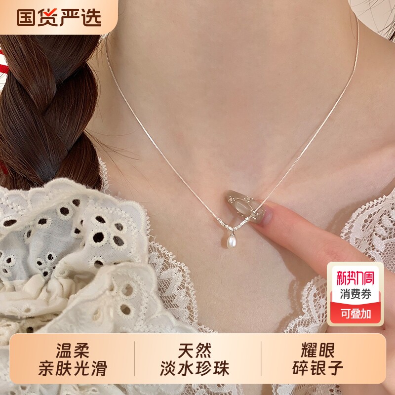 为晚纯银天然珍珠碎银子项链女款2026新款颈链轻奢小众锁骨链配饰